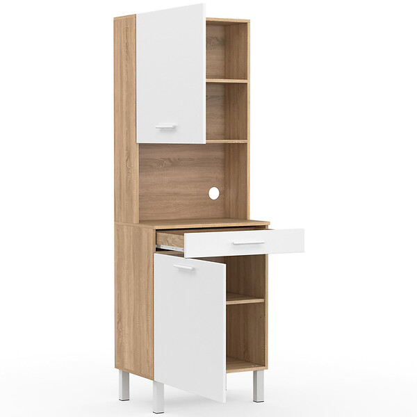 ID MARKET - Buffet de cuisine 60 CM CINA 2 portes + tiroir façon hêtre et blanc - large