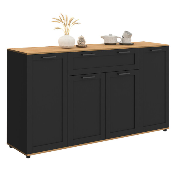 ID MARKET - Buffet 140 cm VITO 4 portes et 1 tiroir noir et bois - large