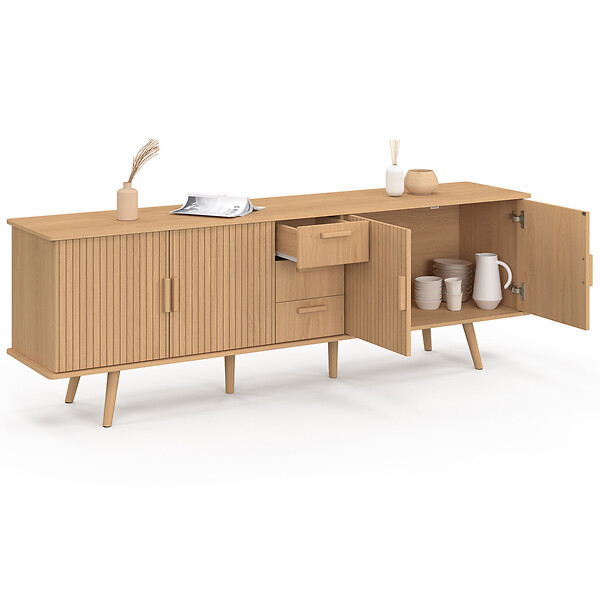 ID MARKET - Buffet 180 cm JULIETTE XXL 4 portes et 3 tiroirs effet lattes tasseau bois - large