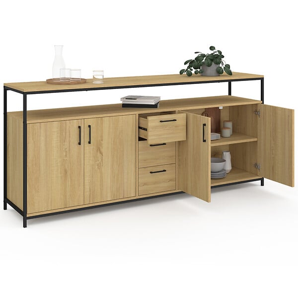 ID MARKET - Buffet 180 cm DETROIT XXL 4 portes et tiroirs design industriel - large