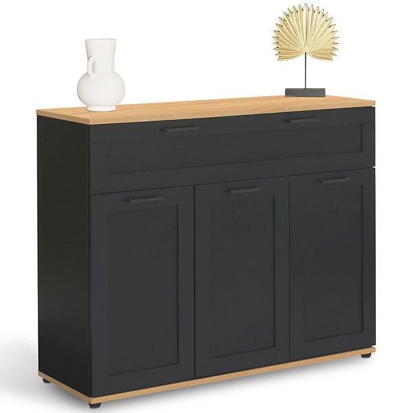 ID MARKET - Buffet 100 cm VITO 3 portes et 1 tiroir noir et plateau bois - large