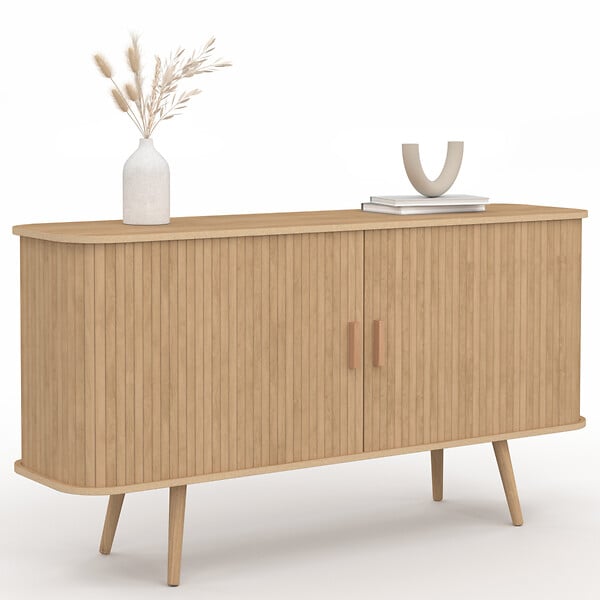 ID MARKET - Buffet 140 cm ROMIE 2 portes coulissantes latte tasseau bois coloris chêne - large