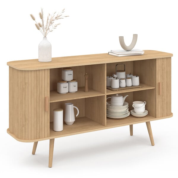 ID MARKET - Buffet 140 cm ROMIE 2 portes coulissantes latte tasseau bois coloris chêne - large