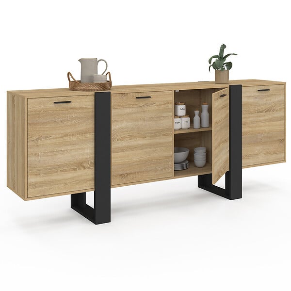 ID MARKET - Buffet enfilade 200 cm PHOENIX XXL 4 portes bois et noir - large