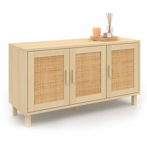 ID MARKET - Buffet bas vintage 113 cm ELIN 3 portes effet naturel cannage - large