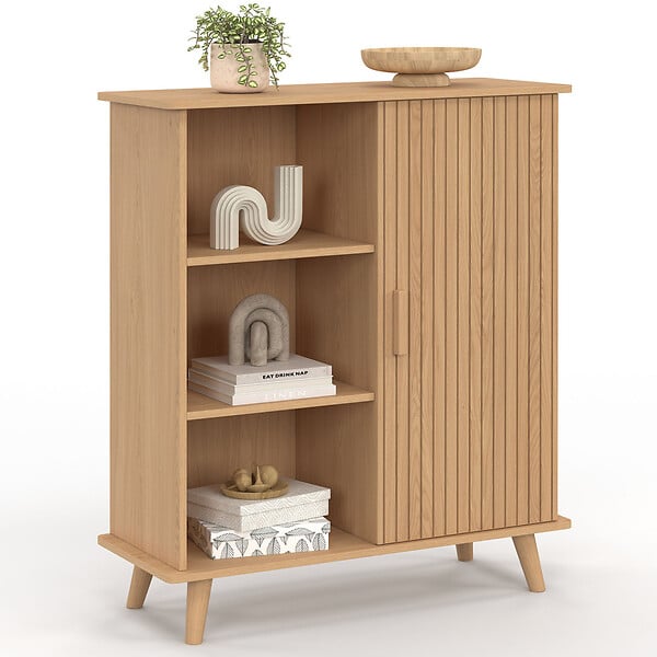 ID MARKET - Buffet d'appoint 3 étagères et placard 70 cm JULIETTE effet lattes tasseau bois - large