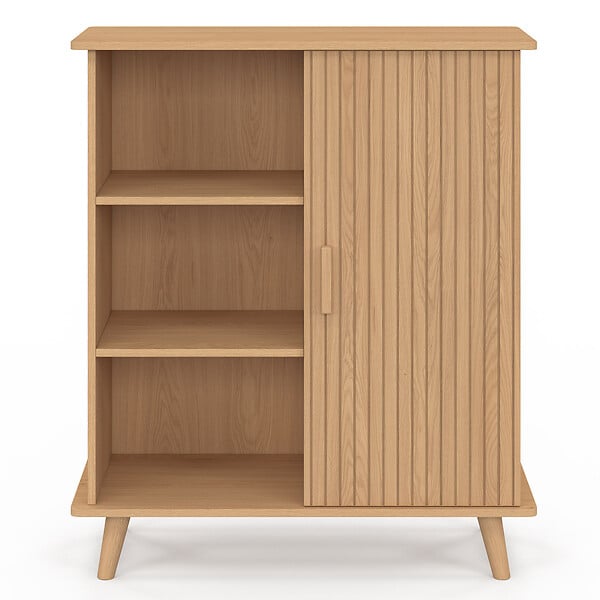 ID MARKET - Buffet d'appoint 3 étagères et placard 70 cm JULIETTE effet lattes tasseau bois - large