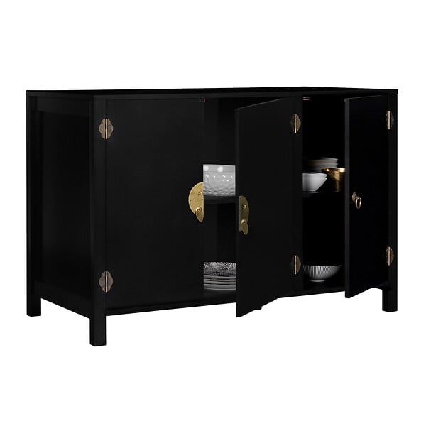 ID MARKET - Buffet bas 110 cm YANG 3 portes bois noir - large