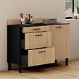ID MARKET - Buffet bas casserolier de cuisine 120 cm CINA plan de travail H.83 cm 1 porte + 3 tiroirs noir et façon hêtre - vignette