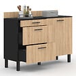 ID MARKET - Buffet bas casserolier de cuisine 120 cm CINA plan de travail H.83 cm 1 porte + 3 tiroirs noir et façon hêtre - vignette