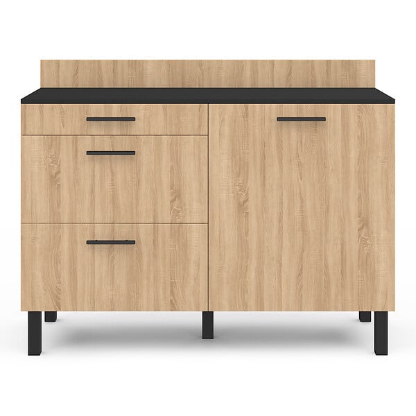 ID MARKET - Buffet bas casserolier de cuisine 120 cm CINA plan de travail H.83 cm 1 porte + 3 tiroirs noir et façon hêtre - large