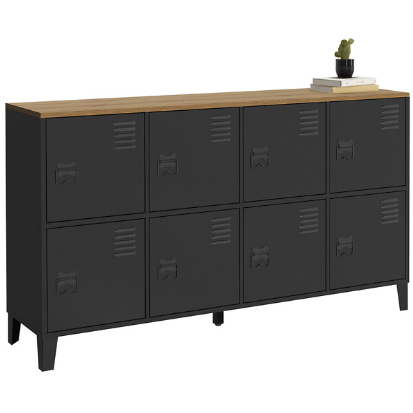 ID MARKET - Buffet casier 139 cm ESTER 8 portes en métal noir plateau bois design industriel - large