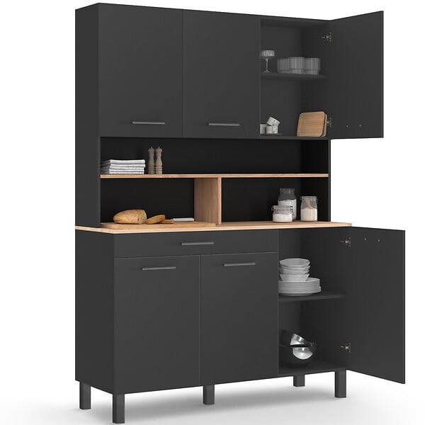 ID MARKET - Buffet de cuisine 120 cm CINA 6 portes + tiroir noir et plateaux façon hêtre - large