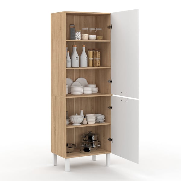 ID MARKET - Colonne de cuisine 60 cm CINA 2 portes façon hêtre et blanc - large