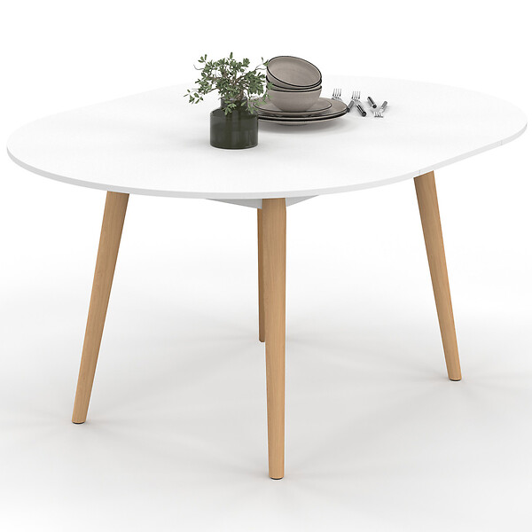 ID MARKET - Table à manger extensible ronde ANGELA 4-8 personnes blanc pied bois 110 - 150 cm - large