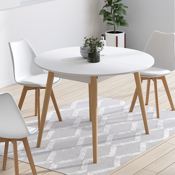 ID MARKET - Table à manger extensible ronde ANGELA 4-8 personnes blanc pied bois 110 - 150 cm - large