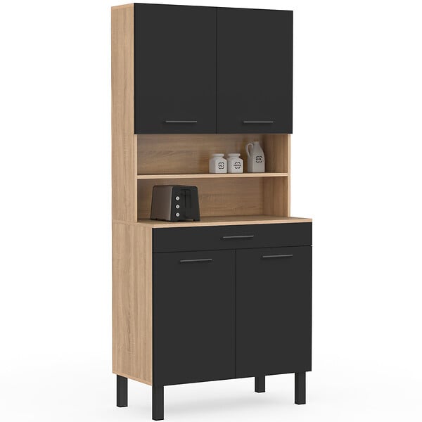 ID MARKET - Buffet de cuisine 80 CM CINA 4 portes + tiroir façon hêtre et noir - large