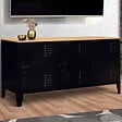 ID MARKET - Buffet bas 113 cm ESTER 3 portes métal noir plateau bois design industriel - vignette