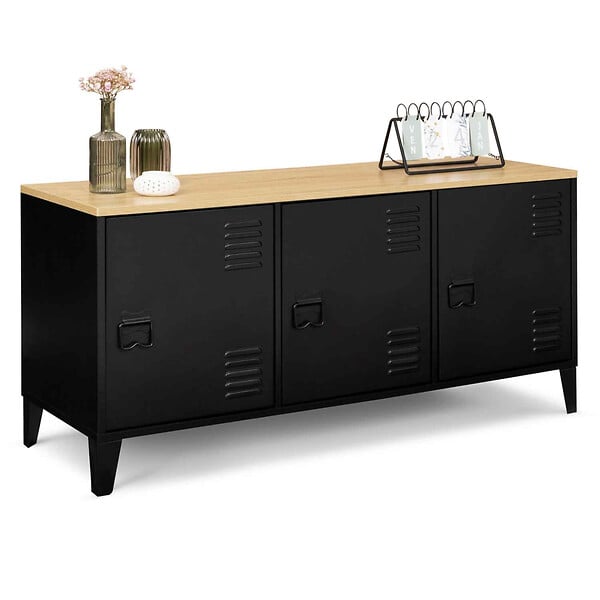 ID MARKET - Buffet bas 113 cm ESTER 3 portes métal noir plateau bois design industriel - large