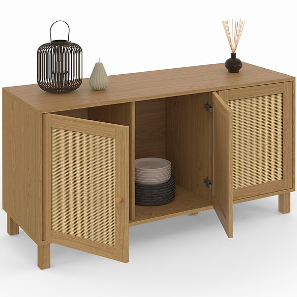 ID MARKET - Buffet bas vintage 113 cm HANAE 3 portes effet naturel cannage - large