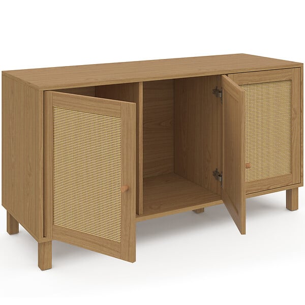 ID MARKET - Buffet bas vintage 113 cm HANAE 3 portes effet naturel cannage - large