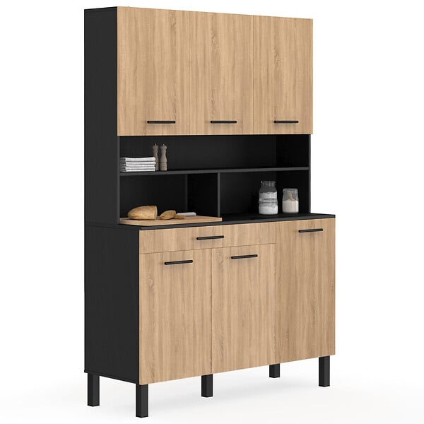 ID MARKET - Buffet de cuisine 120 CM CINA 6 portes + tiroir noir et façon hêtre - large