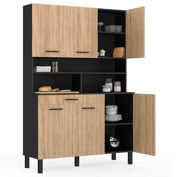 ID MARKET - Buffet de cuisine 120 CM CINA 6 portes + tiroir noir et façon hêtre - large
