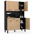 ID MARKET - Buffet de cuisine 120 CM CINA 6 portes + tiroir noir et façon hêtre - vignette