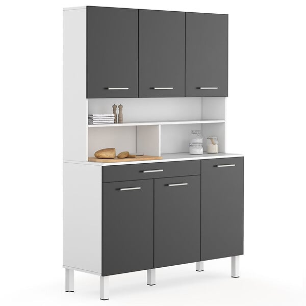 ID MARKET - Buffet de cuisine 120 CM CINA 6 portes + tiroir blanc et gris brillant - large