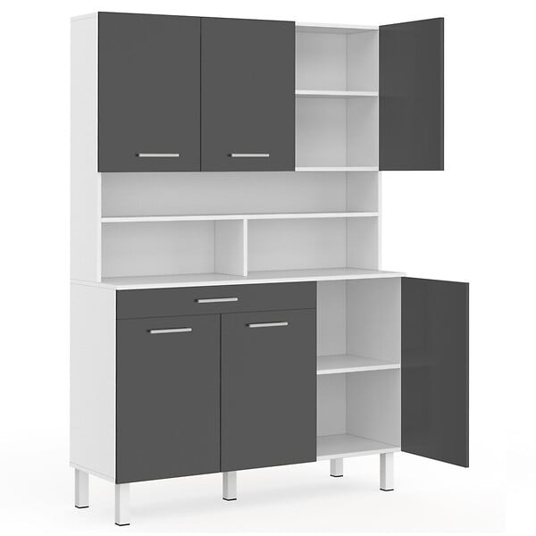 ID MARKET - Buffet de cuisine 120 CM CINA 6 portes + tiroir blanc et gris brillant - large