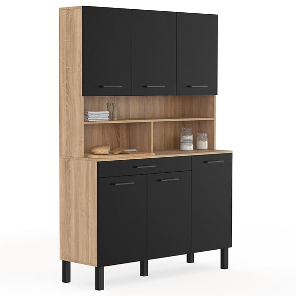 ID MARKET - Buffet de cuisine 120 CM CINA 6 portes + tiroir façon hêtre et noir - large