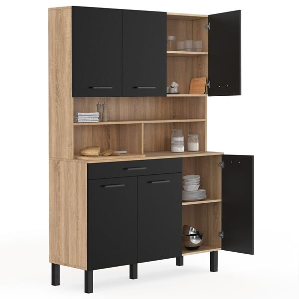 ID MARKET - Buffet de cuisine 120 CM CINA 6 portes + tiroir façon hêtre et noir - large