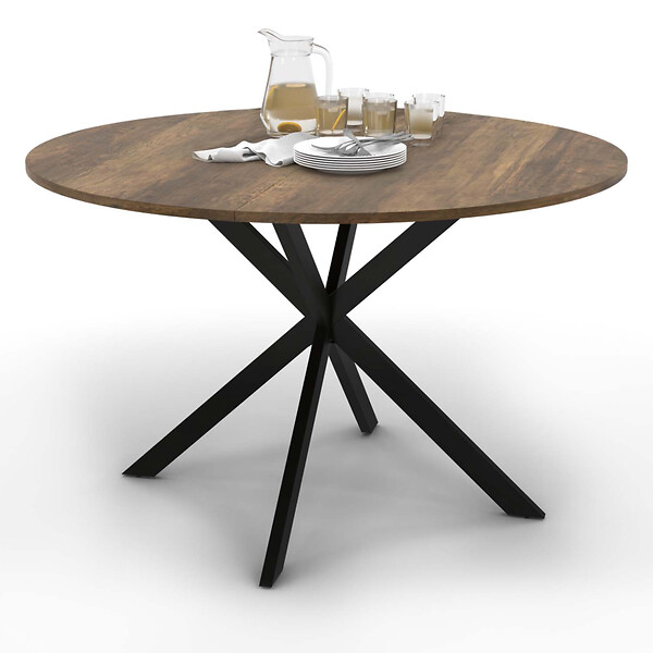 ID MARKET - Table à manger ronde ALIX 6 personnes pied araignée noir et plateau bois foncé HAWKINS 110 cm - large