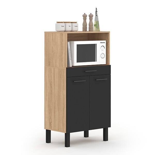ID MARKET - Buffet mi-haut de cuisine pour micro-onde 60 cm CINA 1 tiroir 2 portes façon hêtre et noir - large