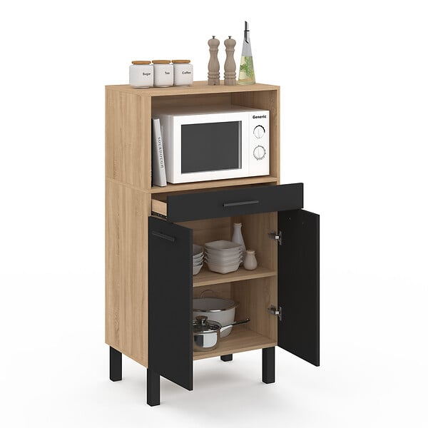 ID MARKET - Buffet mi-haut de cuisine pour micro-onde 60 cm CINA 1 tiroir 2 portes façon hêtre et noir - large