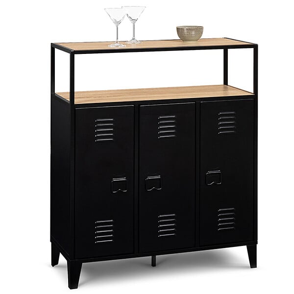 ID MARKET - Meuble de bar buffet ESTER 3 portes en métal noir plateau façon hêtre - large