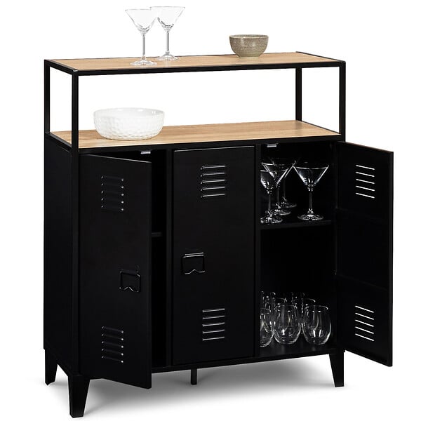 ID MARKET - Meuble de bar buffet ESTER 3 portes en métal noir plateau façon hêtre - large