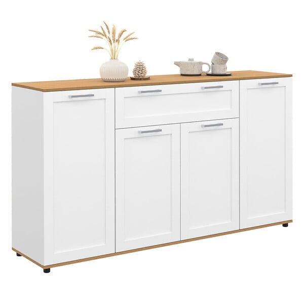ID MARKET - Buffet 140 cm VITO 4 portes et 1 tiroir blanc et bois - large