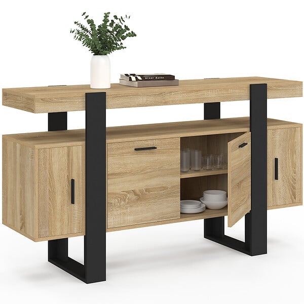 ID MARKET - Buffet 140 cm PHOENIX 4 portes bois et noir - large