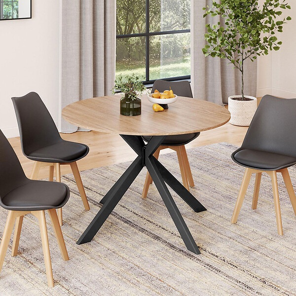 ID MARKET - Table à manger extensible ronde ALIX 4-8 personnes pied araignée bois et noir 110-150 cm - large