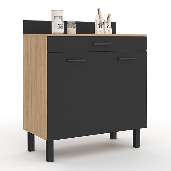 ID MARKET - Buffet bas de cuisine 80 cm CINA plan de travail H.83 cm 2 portes + tiroir façon hêtre et noir - large