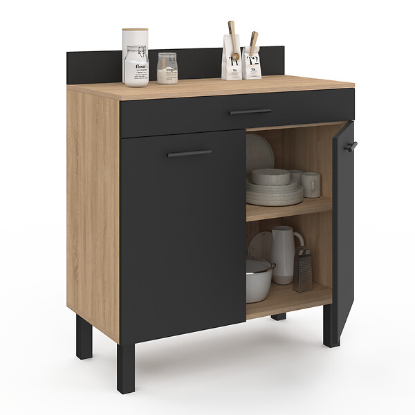 ID MARKET - Buffet bas de cuisine 80 cm CINA plan de travail H.83 cm 2 portes + tiroir façon hêtre et noir - large