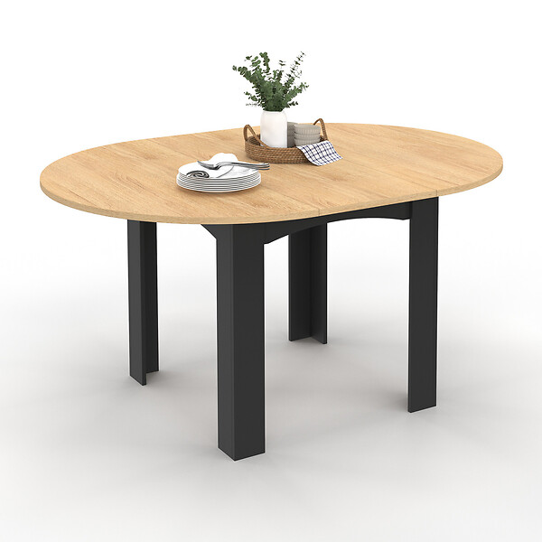 ID MARKET - Table à manger extensible ronde DONA 4-8 personnes noire plateau façon hêtre 110-150 cm - large