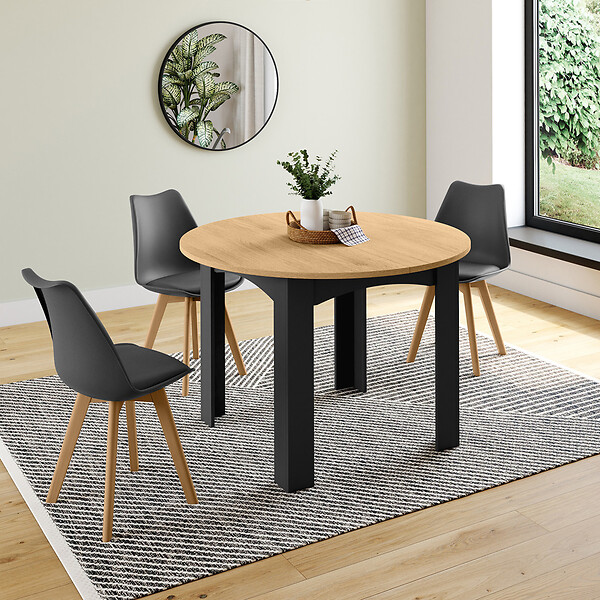 ID MARKET - Table à manger extensible ronde DONA 4-8 personnes noire plateau façon hêtre 110-150 cm - large