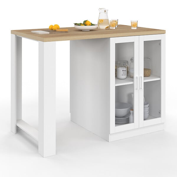 ID MARKET - Ilot central LINO 120 cm 2 personnes bois blanc et plan de travail façon hêtre et portes vitrées - large