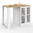 ID MARKET - Ilot central LINO 120 cm 2 personnes bois blanc et plan de travail façon hêtre et portes vitrées - vignette
