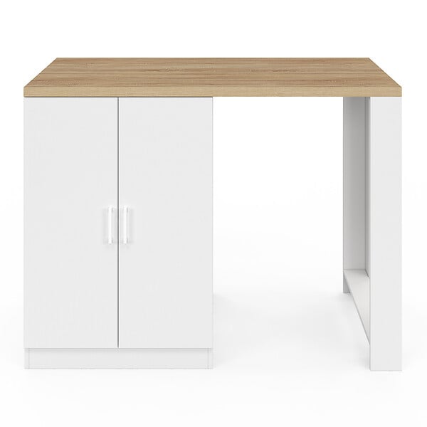 ID MARKET - Ilot central LINO 120 cm 2 personnes bois blanc et plan de travail façon hêtre et portes vitrées - large