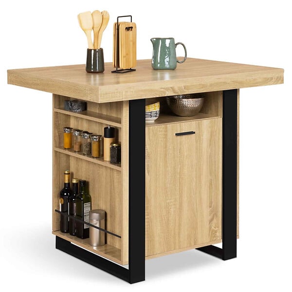 ID MARKET - Ilot central PHOENIX 110 cm bois et noir avec rangements - large
