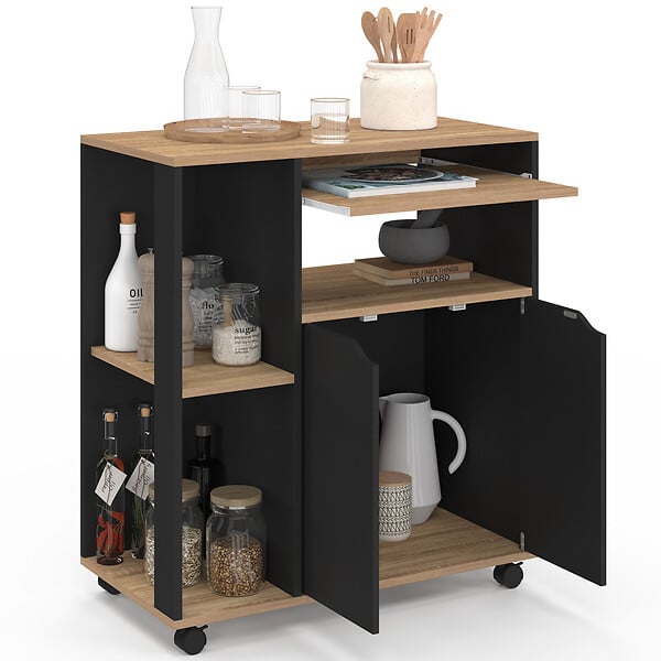 ID MARKET - Desserte de cuisine COSI bois noir et plateaux façon hêtre L.76 CM - large