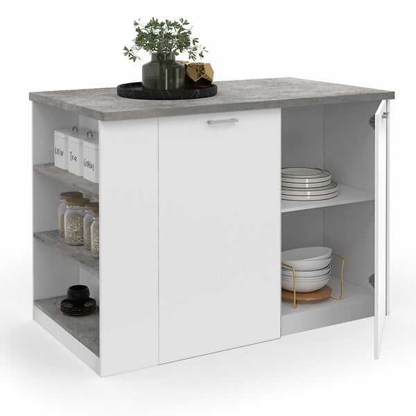 ID MARKET - Ilot central TIBO 120 cm bois blanc avec plan de travail façon béton - large